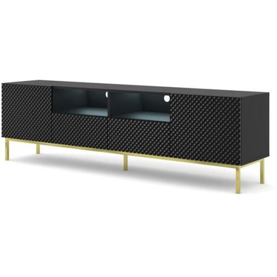 Meuble TV - AC-Déco - Ravenna - 2 portes - 2 tiroirs - Noir brillant - L 200 cm