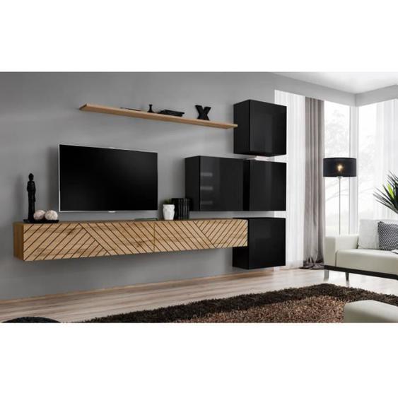 Meubles TV - Ensemble de 7 meubles muraux Switch IX  pour TV en bois - Beige et Noir - L 310 x H 200 x P 40 cm