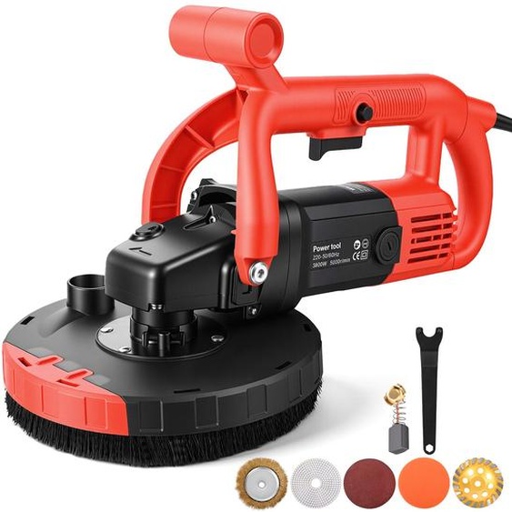 Meuleuse pour murs et sols - Meuleuse pour béton manuelle - 3800 W - À quatre roues - Sans poussière - Avec tige dextension - Pour le ponçage grossier - Orange