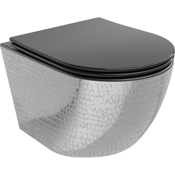 Mexen Lena Cuvette de WC sans rebord avec plaque mince à chute lente, duroplast, noir mat/argenté motif peau de poisson - 30224072