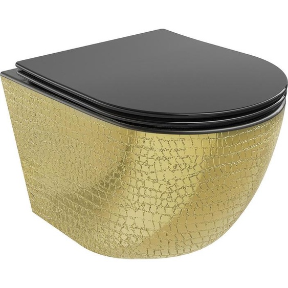 Mexen Lena Cuvette de WC sans rebord avec plaque mince à chute lente, duroplast, noir mat/or motif peau de poisson - 30224078