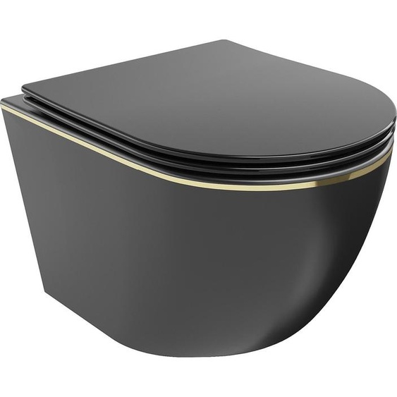 Mexen Lena cuvette WC sans rebord avec abattant à descente lente, slim, duroplast, noir mat/ligne dorée - 30224075
