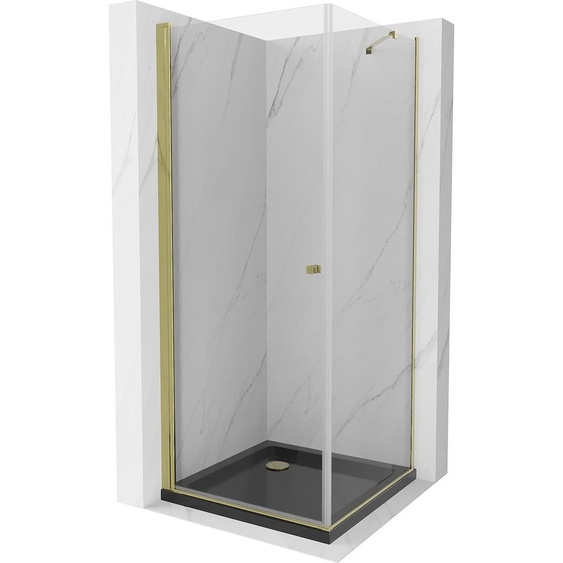 Mexen Pretoria Paroi de douche basculante 70 x 70 cm, transparent, or + receveur de douche Flat, noir - 852-070-070-50-00-4070G
