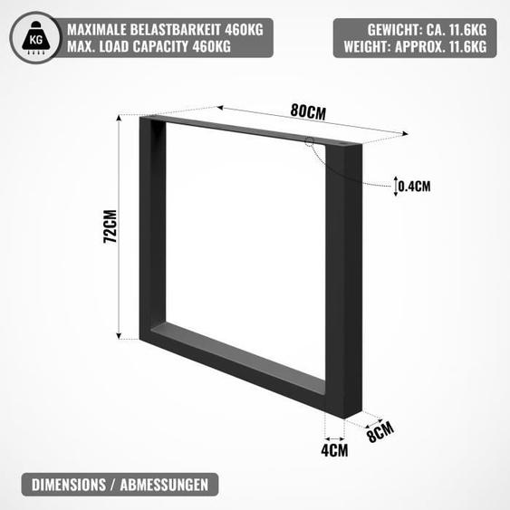 MIADOMODO® Pieds de Table - Style Industriel, Rectangulaire, 80 x 72 cm, Acier, Noir - Pieds de Table à Manger, de Bureau