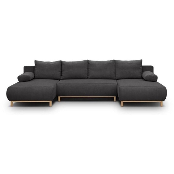 MIKA, canapé dangle droit avec coffre de rangement, 6 places, revêtement en velours texturé, couleur gris anthracite, design scandinave, convertible en lit pour 2 personnes