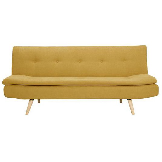 Canapé convertible 3 places en tissu effet velours jaune moutarde et bois clair SENSO
