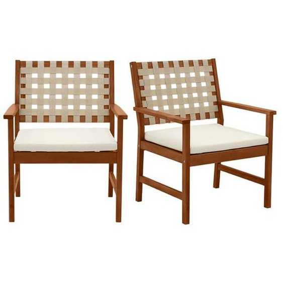 Miliboo - Fauteuils de jardin en bois massif avec coussin blanc et sangles beiges (lot de 2) SANTANA
