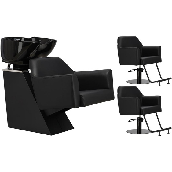 Milos Ensemble noir de salon de coiffure avec 2 fauteuils de coiffure hydrauliques pivotants, repose-pieds, lavabo mobile en céramique, robinet et douche.