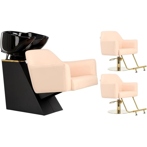 Milos Ensemble noir de salon de coiffure avec 2 fauteuils de coiffure hydrauliques pivotants, repose-pieds, lavabo mobile en céramique, robinet et douche.