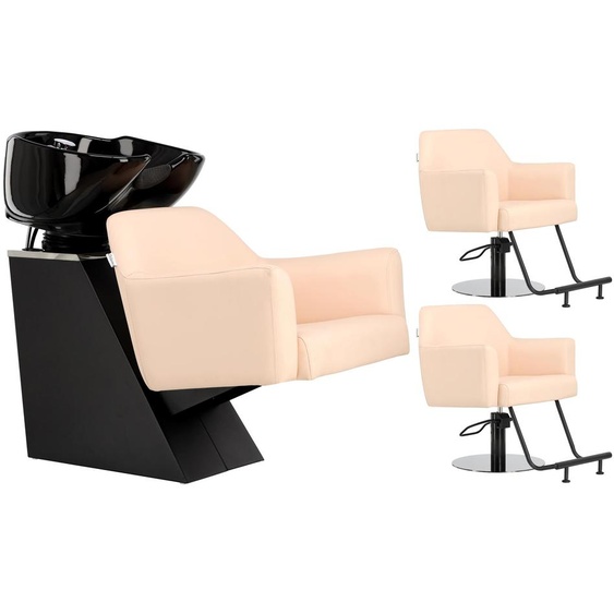 Milos Ensemble noir de salon de coiffure avec 2 fauteuils de coiffure hydrauliques pivotants, repose-pieds, lavabo mobile en céramique, robinet et douche.