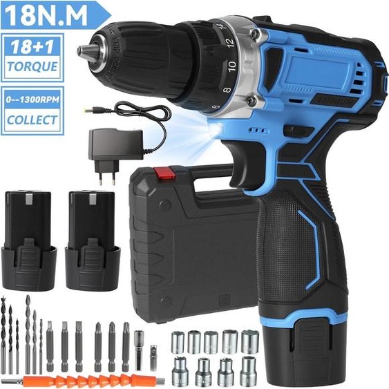 Mini perceuse-visseuse sans fil 12 V - 2 batteries - 18+1 niveaux de couple - 0-1300 tr/min - 29 accessoires - prise UE - bleu