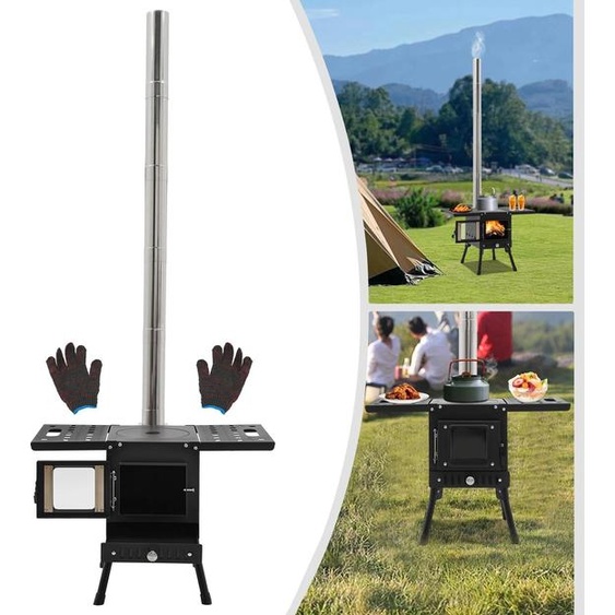 Mini poêle à bois - Poêle de camping - Pliable - Portable - Autonome - Bois et charbon - Acier au carbone/acier inoxydable/verre - Pour 5 personnes ou plus - Noir