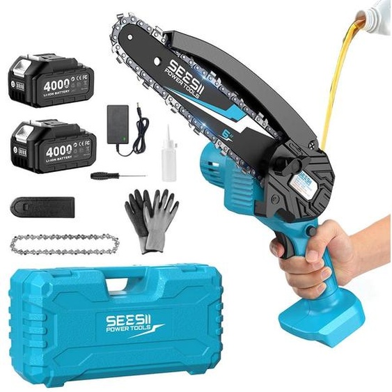 Mini-scie à chaîne - Scie électrique sans fil - Profondeur de coupe de 15,2 cm - 2 batteries de 4,0 Ah - Lubrification automatique - 800–999 W - Pour le bois et le jardin - Appareil portatif