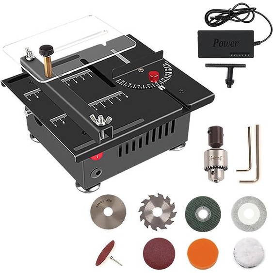 Mini scie circulaire sur table - Scie sur table pour bois - Réglable - Fonction ponçage avec papier abrasif - Alimentation secteur (CA) - Horizontale - Noire