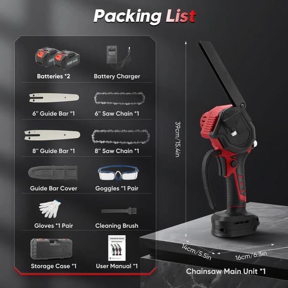 Mini-tronçonneuse 15 cm - Scie à main pour branches - Moteur sans balais - Compatible avec batterie 18 V - Électrique - Rouge