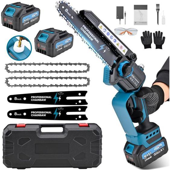 8 Pouces Tronconneuse a Batterie, Mini Tronçonneuse Électrique Sans Fil Brushless à Batterie 8000mAh, avec Injecteur de Lubrifiant de la Chaîne pour