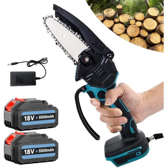 Mini tronçonneuse électrique sans fil de 4 pouces, scie à bois, scie à une main, coupe-bois nu + 2 batteries 5,5 Ah + chargeur, compatible avec la