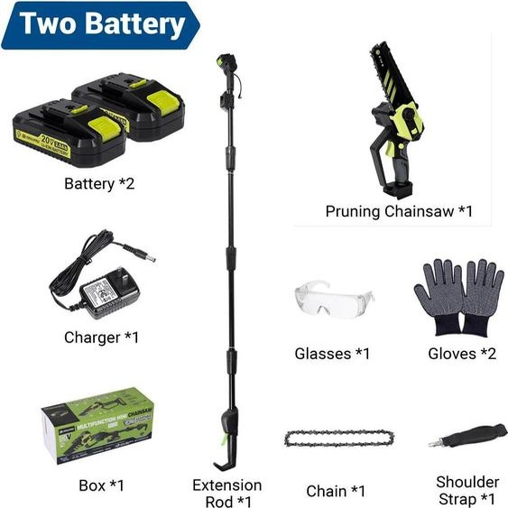 Mini tronçonneuse sans fil - Tronçonneuse/élagueuse 2 en 1 - Moteur sans balai - Guide de 15 cm - 2 batteries - Vert