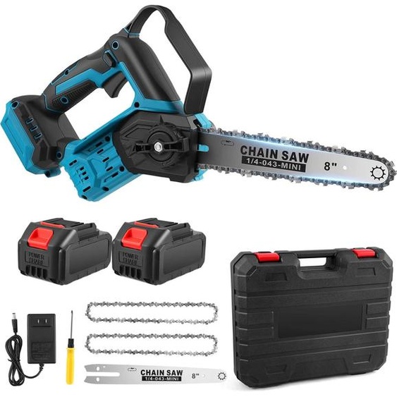 Mini tronçonneuse - Tronçonneuse électrique sans fil - Guide-chaîne de 20 cm - Lubrification automatique de la chaîne - Portable et guidée à la main - Pour le bois et lélagage - Bleue