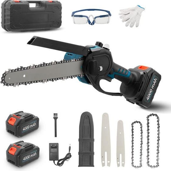 Mini tronçonneuse - Tronçonneuse sans fil - 950 W - 2 batteries - Lame interchangeable 15/20 cm - Pour bois/branches - Rouge