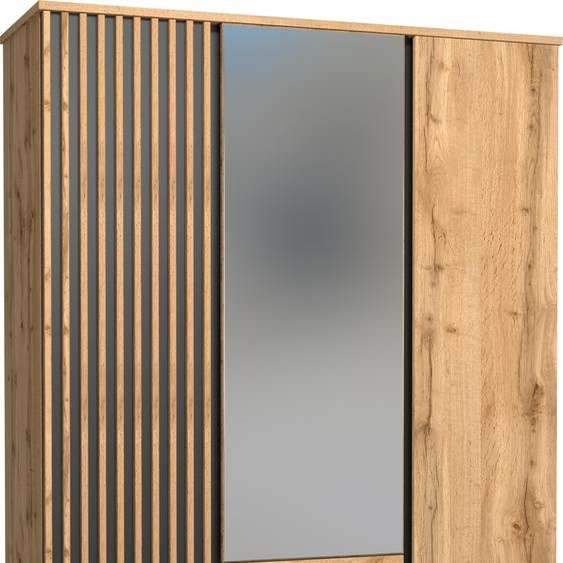 Minio, armoire à portes battantes 145,5 cm, armoire Lamia, avec lamelles en MDF, chêne wotan/noir mat