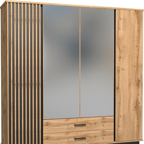 Minio, armoire à portes battantes 197 cm, armoire Lamia, avec lamelles en MDF, couleur chêne wotan/noir mat