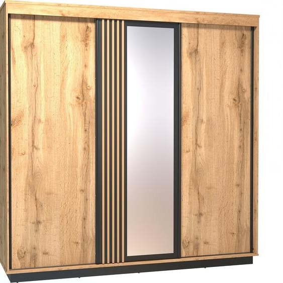 Minio, armoire à portes coulissantes 240 cm, Lamia, avec miroir, avec lamelles MDF, couleur chêne Wotan/noir mat