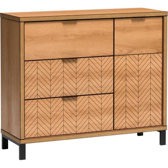 Minio, Commode Fonte 117.5 cm, 1 porte, 3 tiroirs, chêne caramel