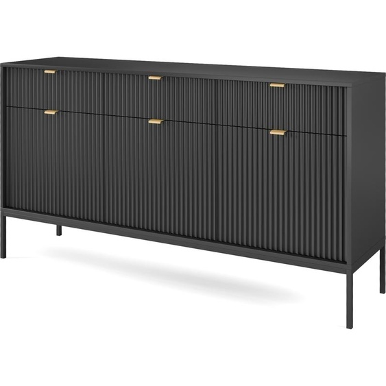 Minio, commode NEVADA, 154 cm, trois tiroirs, trois portes, pieds noirs, poignées dorées, couleur noire