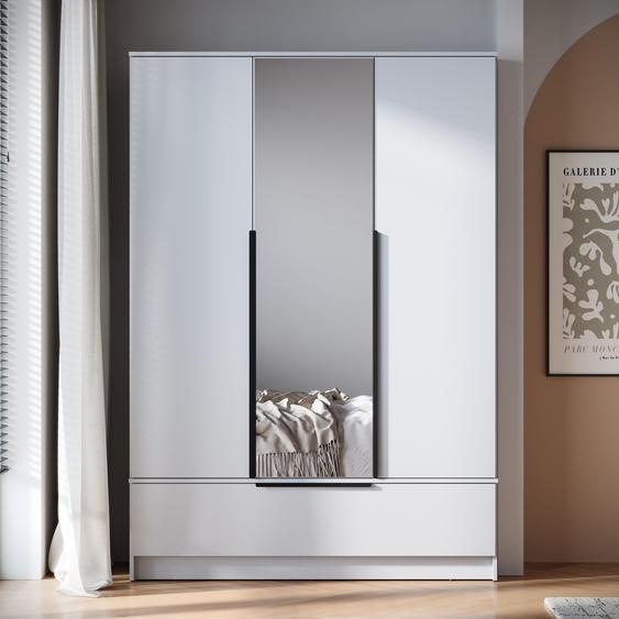 MINIO go for it, armoire moderne, SPLIT 3D, 134,5 cm, 3 portes, 1 tiroir, 3 étagères, 2 tringles à vêtements, avec miroir, couleur blanche
