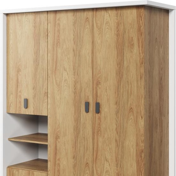 MINIO go for it, Armoire, SIMI, Armoire à portes battantes, 150cm, 3 portes, 2 tiroirs, Couleur blanche / Natural Hikora