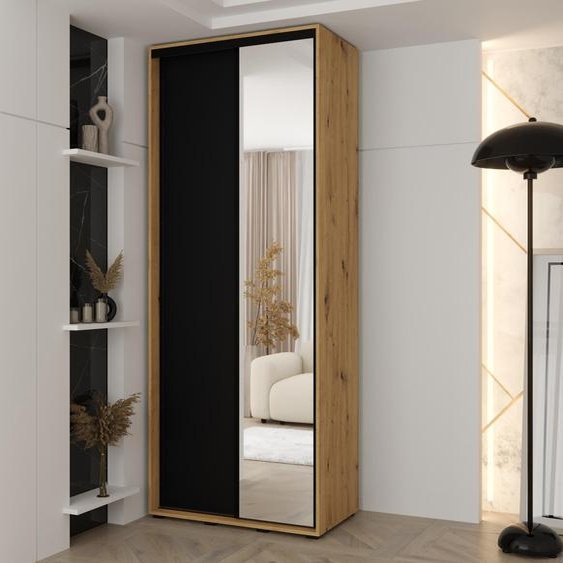MINIO go for it, armoire VADO, 110x235,2x60 cm, 2 portes coulissantes (1 miroir), 6 étagères, 2  tiges métalliques, chêne Artisan/noir