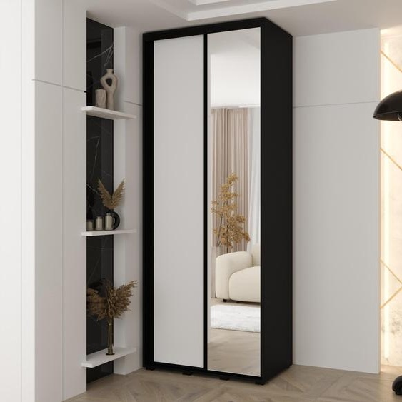 MINIO go for it, armoire VADO, 110x235,2x60 cm, 2 portes coulissantes (1 miroir), 6 étagères, 2  tringles métalliques, noir/blanc mat