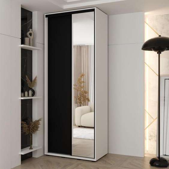 MINIO go for it, armoire VADO, 120x235,2x45 cm, 2 portes coulissantes (1 miroir), 6 étagères, 2 tringles métalliques coulissantes, blanc/noir mat