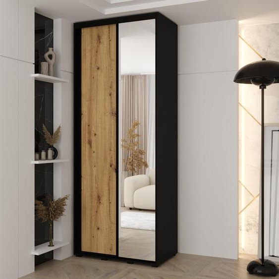 MINIO go for it, armoire VADO, 120x235,2x45 cm, 2 portes coulissantes (1 miroir), 6 étagères, 2 tringles métalliques coulissantes, noir/chêne Artisan
