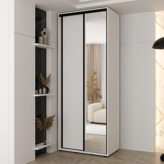 MINIO go for it, armoire VADO, 120x235,2x45 cm, 2 portes coulissantes (1 miroir), 6 étagères, 2 tringles métalliques coulissantes, poignées en acier, blanc mat