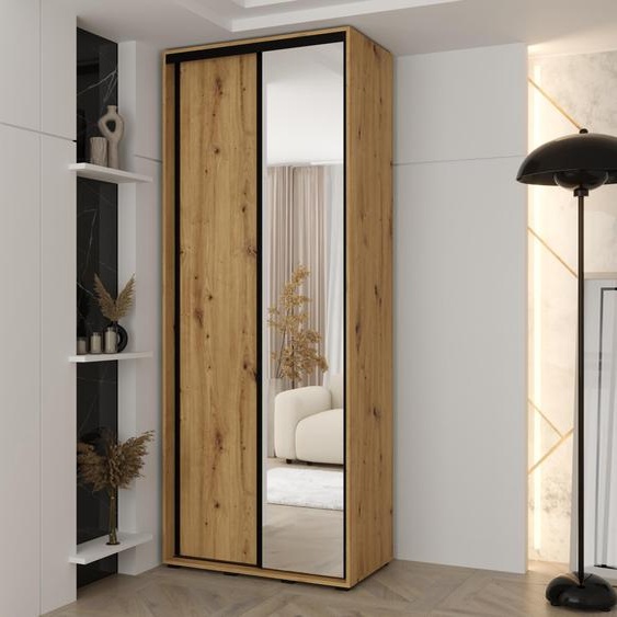 MINIO go for it, armoire VADO, 120x235,2x60 cm, 2 portes coulissantes (1 miroir), 6 étagères, 2  tringles métalliques, chêne Artisan