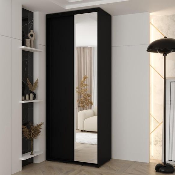 MINIO go for it, armoire VADO, 120x235,2x60 cm, 2 portes coulissantes (1 miroir), 6 étagères, 2  tringles métalliques, noir mat