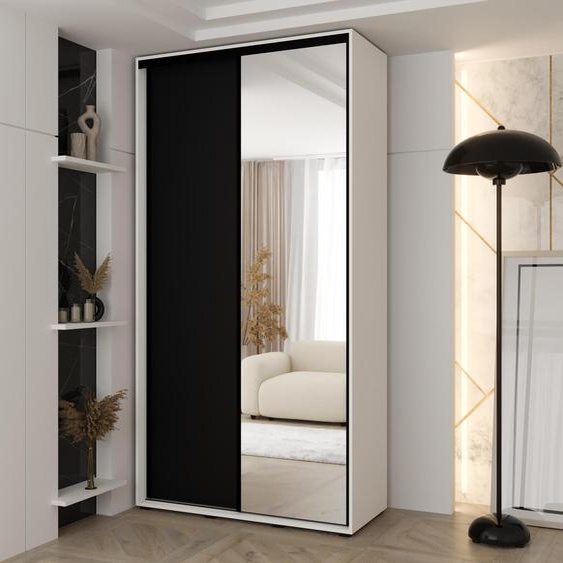 MINIO go for it, armoire VADO, 130x235,2x45 cm, 2 portes coulissantes (1 miroir), 6 étagères, 2 tringles métalliques coulissantes, blanc/noir mat