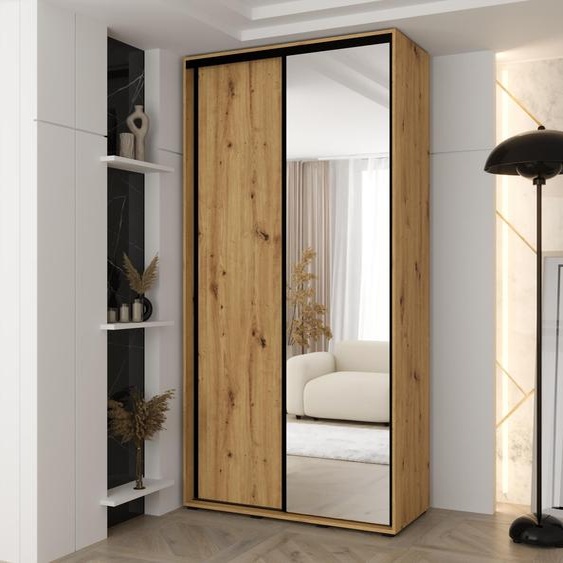 MINIO go for it, armoire VADO, 130x235,2x45 cm, 2 portes coulissantes (1 miroir), 6 étagères, 2 tringles métalliques coulissantes, chêne Artisan