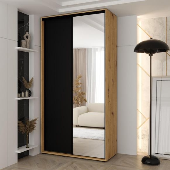 MINIO go for it, armoire VADO, 130x235,2x45 cm, 2 portes coulissantes (1 miroir), 6 étagères, 2 tringles métalliques coulissantes, chêne Artisan/noir