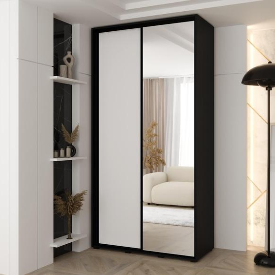 MINIO go for it, armoire VADO, 140x235,2x45 cm, 2 portes coulissantes (1 miroir), 6 étagères, 2 tringles métalliques coulissantes, noir/blanc mat