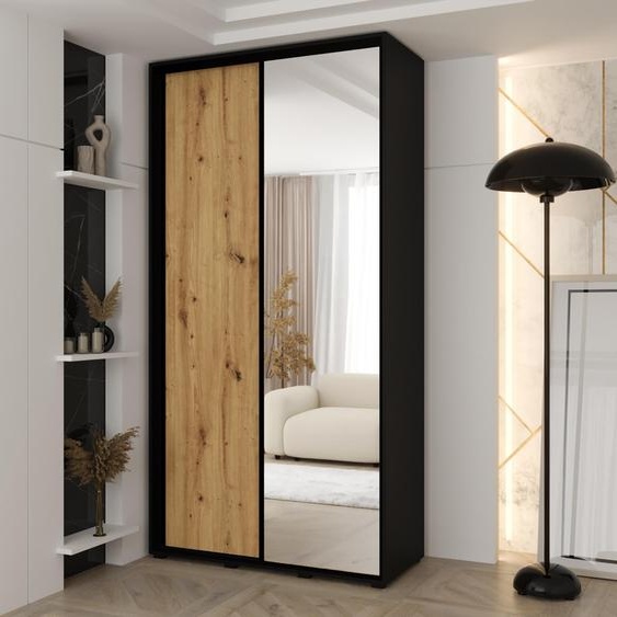 MINIO go for it, armoire VADO, 140x235,2x45 cm, 2 portes coulissantes (1 miroir), 6 étagères, 2 tringles métalliques coulissantes, noir/chêne artisanal