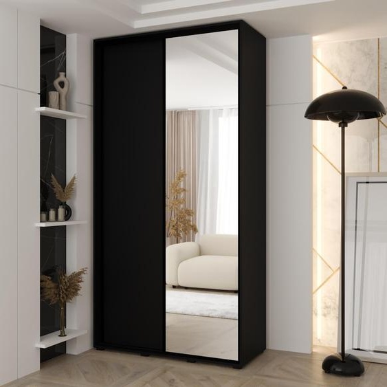 MINIO go for it, armoire VADO, 140x235,2x45 cm, 2 portes coulissantes (1 miroir), 6 étagères, 2 tringles métalliques coulissantes, noir mat