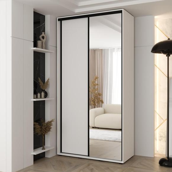 MINIO go for it, armoire VADO, 140x235,2x45 cm, 2 portes coulissantes (1 miroir), 6 étagères, 2 tringles métalliques coulissantes, poignées en acier, blanc mat