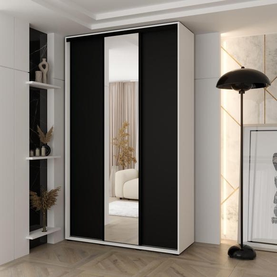 MINIO go for it, armoire VADO, 150 x 235,2 x 45 cm, 3 portes coulissantes (dont 1 miroir), 6 étagères, 2 tringles coulissantes en métal, blanc/noir mat