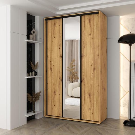MINIO go for it, armoire VADO, 150 x 235,2 x 45 cm, 3 portes coulissantes (dont 1 miroir), 6 étagères, 2 tringles coulissantes en métal, chêne Artisan