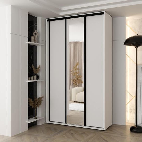 MINIO go for it, armoire VADO, 150 x 235,2 x 45 cm, 3 portes coulissantes (dont 1 miroir), 6 étagères, 2 tringles coulissantes en métal, poignées en acier, blanc mat