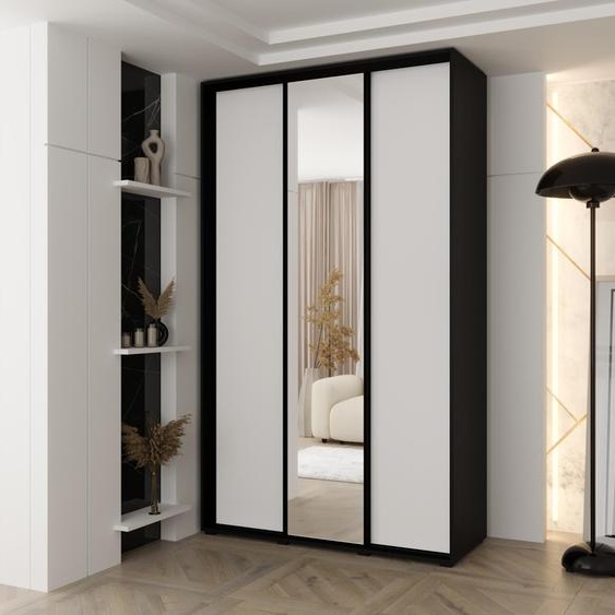 MINIO go for it, armoire VADO, 150 x 235,2 x 60 cm, 3 portes coulissantes (dont 1 miroir), 6 étagères, 2 tringles métalliques, noir/blanc mat