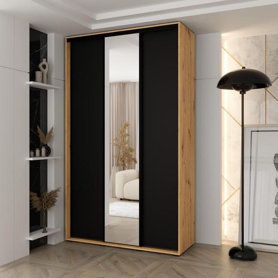 MINIO go for it, armoire VADO, 160 x 235,2 x 45 cm, 3 portes coulissantes (dont 1 miroir), 10 étagères, 2 tringles coulissantes en métal, chêne Artisan/noir